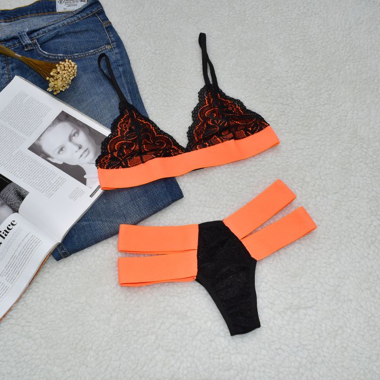 Conjunto De Lingerie Sem Bojo 2 Tiras Sexy Neon Renda