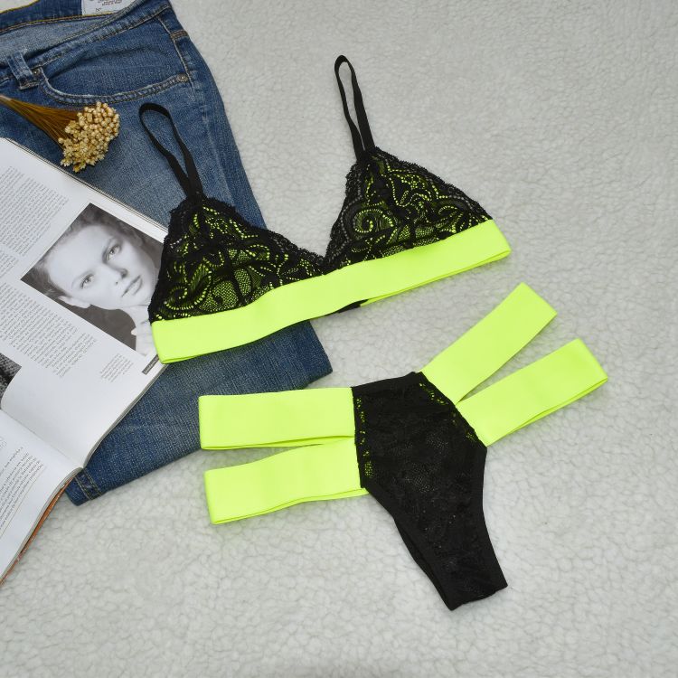 Conjunto De Lingerie Sem Bojo 2 Tiras Sexy Neon Renda
