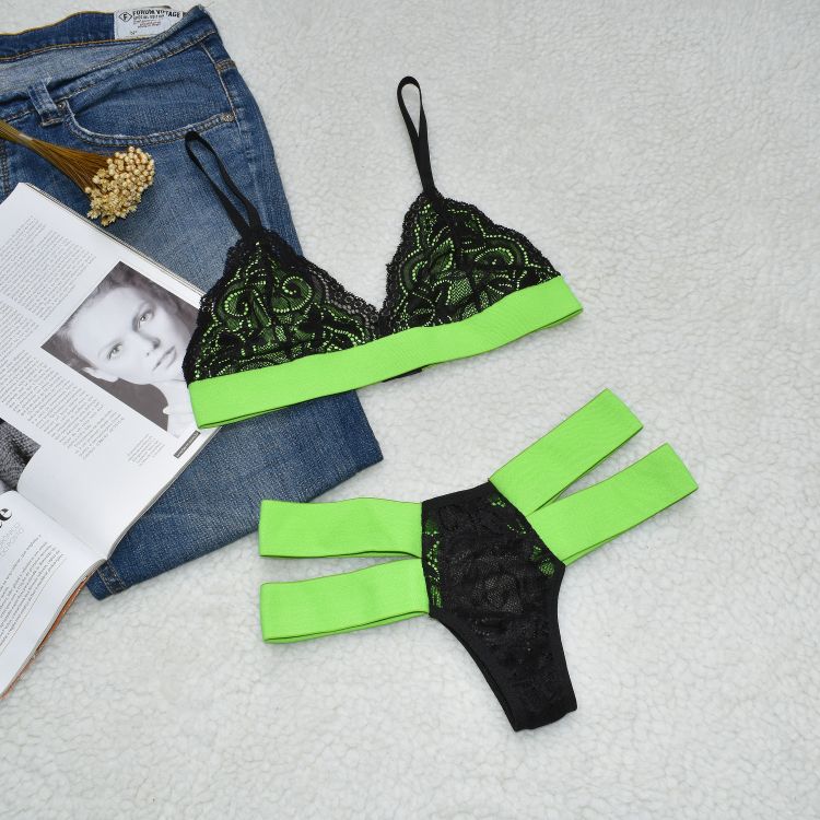 Conjunto De Lingerie Sem Bojo 2 Tiras Sexy Neon Renda