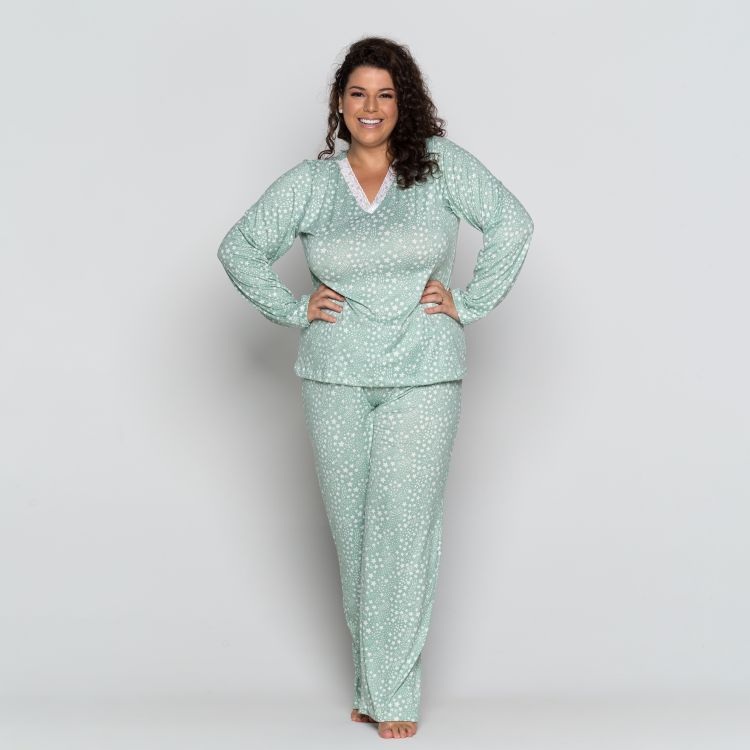 Pijama Manga Longa Plus em Suedine Estampado