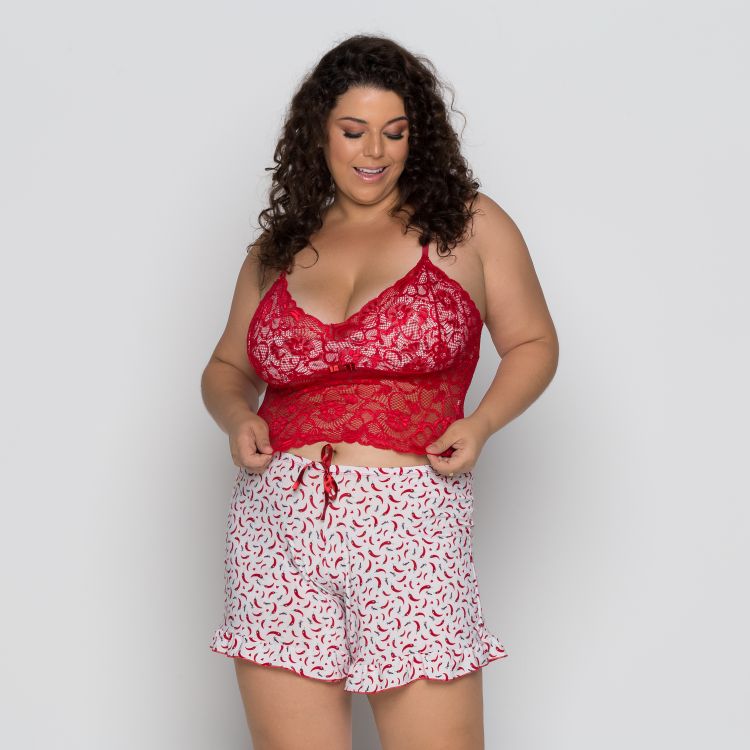 Baby Doll Cropped Plus Size Estampado Liganete e Renda