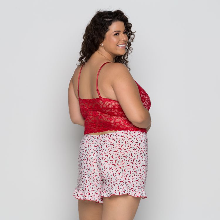Baby Doll Cropped Plus Size Estampado Liganete e Renda