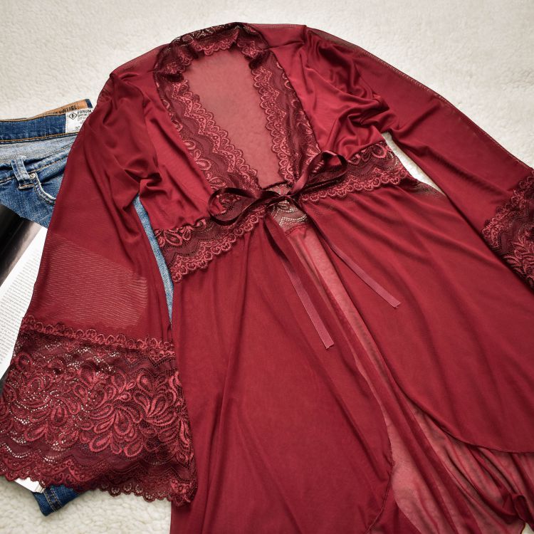 Robe Luxo Sexy Manga Longa em Tule e Renda