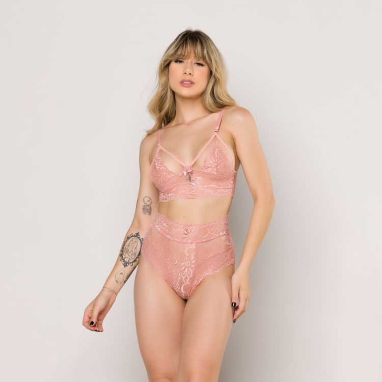 Conjunto Cropped Bralette Hot Panty Lacradora em Renda