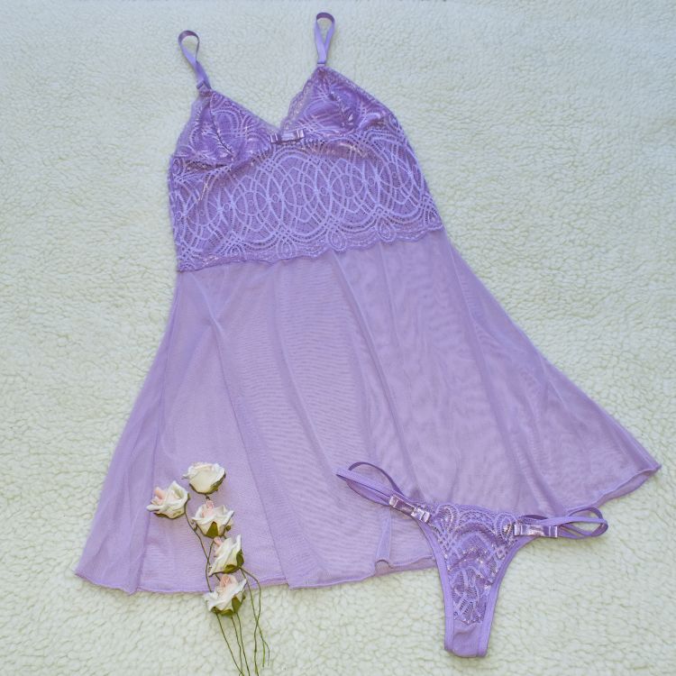 Camisola Luxo Sexy Com Calcinha Sem Bojo Tule e Renda