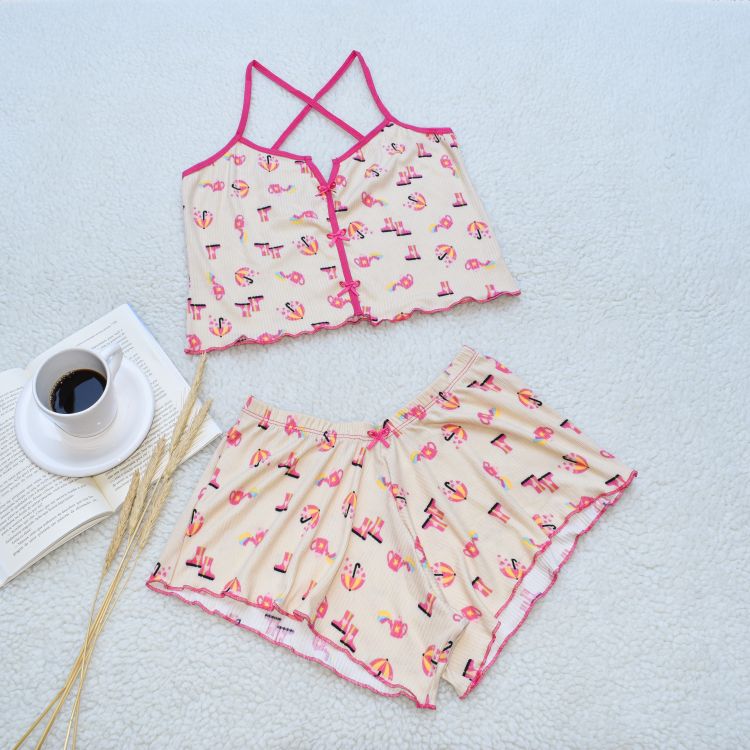 Baby Doll Cropped Estampado Pijama em Suedine Canelado