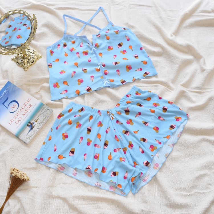 Baby Doll Cropped Estampado Pijama em Suedine Canelado