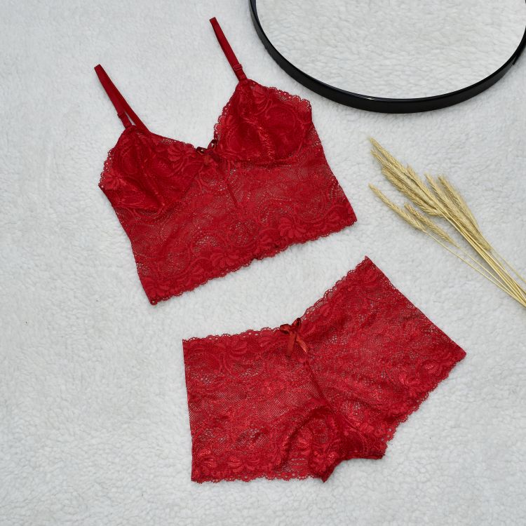 Conjunto de Lingerie Cropped Sem Bojo Caleçon Renda