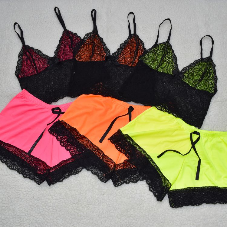 Baby Doll Cropped Neon Color Em Microfibra e Renda